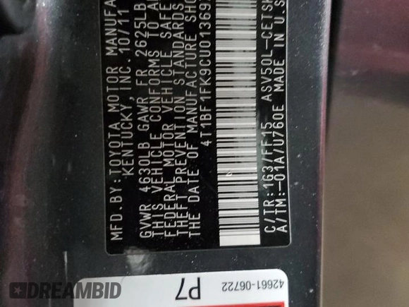 2012 Toyota Camry L with VIN 4T1BF1FK9CU013697, listed as a Copart auction lot 51541515 with 167,573 mi miles and Salvage Title. Bid and sale history available at DreamBid. Image 12.