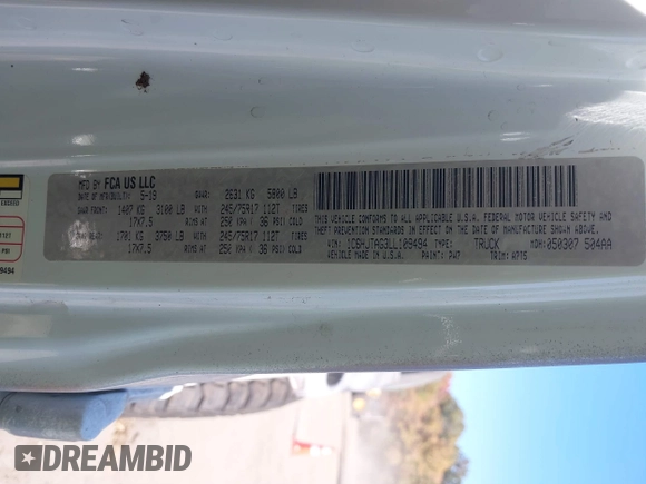 2020 Jeep Gladiator Sport S with VIN 1C6HJTAG3LL109494, listed as a IAAI auction lot 40677949 with 52,079 mi miles and . Bid and sale history available at DreamBid. Image 9.