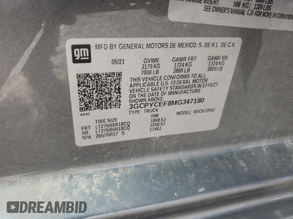 2021 Chevrolet Silverado 1500 Custom Trail Boss with VIN 3GCPYCEF8MG347180, listed as a Copart auction lot 52203695 with 32,187 mi miles and Salvage Title. Bid and sale history available at DreamBid. Image 12.