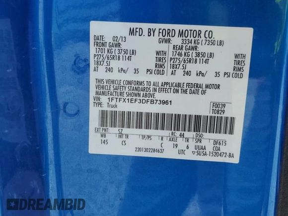 2013 Ford F-150 XL with VIN 1FTFX1EF3DFB73961, listed as a Copart auction lot 48780285 with 120,609 mi miles and Salvage Title. Bid and sale history available at DreamBid. Image 12.