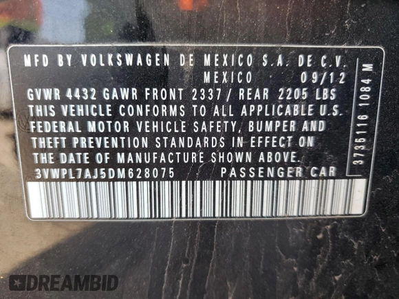 2013 Volkswagen Jetta TDI w/Sunroof & Nav with VIN 3VWPL7AJ5DM628075, listed as a Copart auction lot 53844565 with 128,309 mi miles and Salvage title. Bid and sale history available at DreamBid. Image 12.