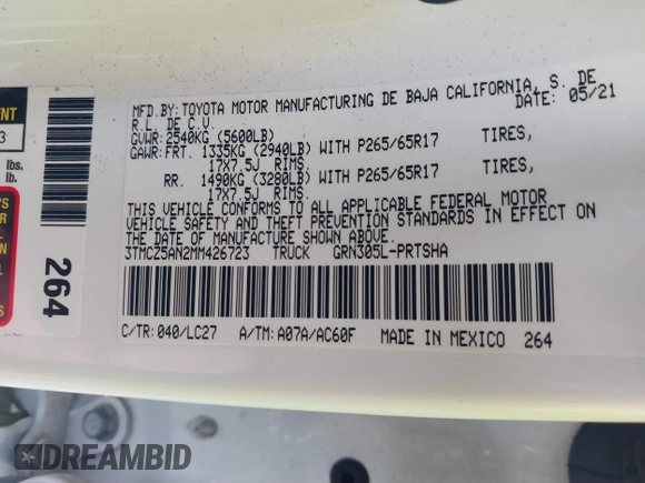 2021 Toyota Tacoma SR z VIN 3TMCZ5AN2MM426723, wystawiony jako IAAI lot #41604033 z przebiegiem 46 522 mil mil oraz . Historia ofert i sprzedaży dostępna na DreamBid. Obrazek 9.