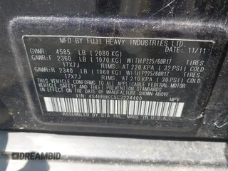 2012 Subaru Outback Limited with VIN 4S4BRBKC5C3224400, listed as a IAAI auction lot 42412643 with 193,486 mi miles and . Bid and sale history available at DreamBid. Image 9.