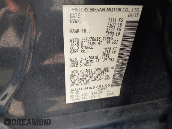 2018 Nissan Titan SV with VIN 1N6AA1EJ4JN529655, listed as a IAAI auction lot 42051405 with 153,599 mi miles and . Bid and sale history available at DreamBid. Image 9.