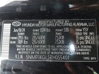 2024 Hyundai Santa Fe SE with VIN 5NMP14GL5RH055401, listed as a IAAI auction lot 41144151 with 7,694 mi miles. Bid and sale history available at carsss.com. Image 9.