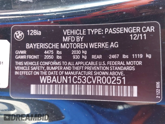 2012 BMW 1 Series 128i с VIN WBAUN1C53CVR00251, выставлен на аукционе IAAI как лот 42164868 с пробегом 96 440 миль миль и . История ставок и продаж доступна на DreamBid. Изображение 9.