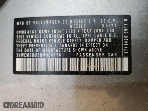 2024 Volkswagen Jetta SE with VIN 3VWEM7BU3RM086656, listed as a Copart auction lot 57513645 with 19,666 mi miles and Salvage title. Bid and sale history available at DreamBid. Image 12.