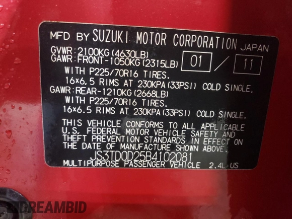 2011 Suzuki Grand Vitara Premium with VIN JS3TD0D25B4102081, listed as a Copart auction lot 43978955 with 310,535 mi miles and Salvage title. Bid and sale history available at DreamBid. Image 14.