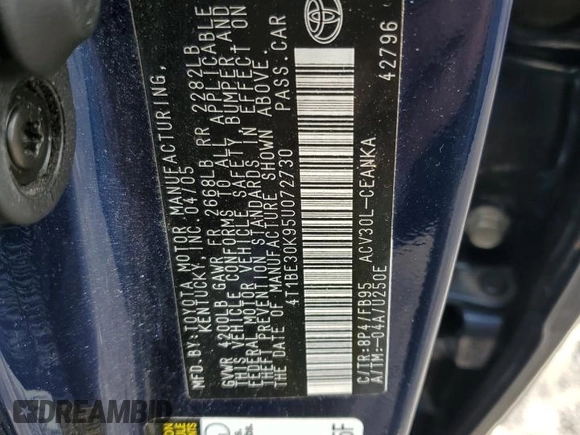 2005 Toyota Camry LE z VIN 4T1BE30K95U072730, wystawiony jako Copart lot #56398505 z przebiegiem 115 917 mil mil oraz Czysty tytuł • Clean title. Historia ofert i sprzedaży dostępna na DreamBid. Obrazek 13.
