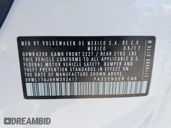 2017 Volkswagen Jetta SEL with VIN 3VWL17AJ6HM392417, listed as a IAAI auction lot 42684427 with 61,224 mi miles and . Bid and sale history available at DreamBid. Image 9.