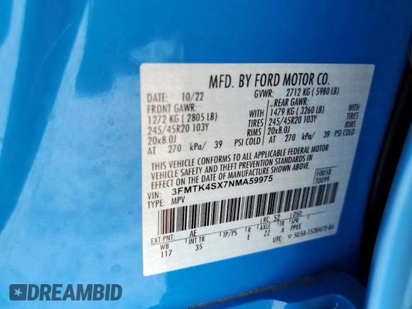 2022 Ford Mustang Mach-E GT z VIN 3FMTK4SX7NMA59975, wystawiony jako Copart lot #57422535 z przebiegiem 44 564 mil mil oraz Szkoda całkowita • Salvage title. Historia ofert i sprzedaży dostępna na DreamBid. Obrazek 14.