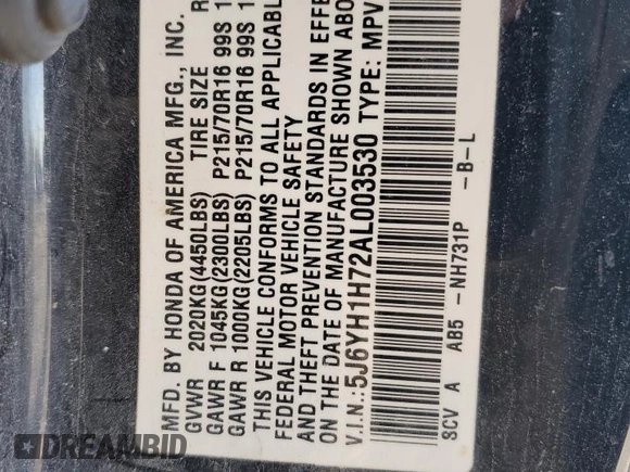2010 Honda Element EX with VIN 5J6YH1H72AL003530, listed as a Copart auction lot 87378194 with Not Provided miles and Salvage Title. Bid and sale history available at DreamBid. Image 15.