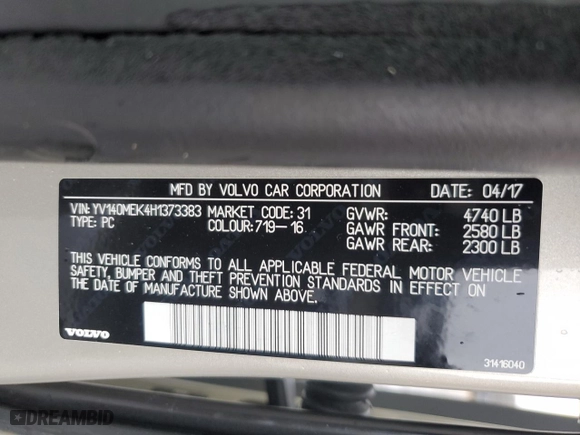 2017 Volvo V60 Premier with VIN YV140MEK4H1373383, listed as a Copart auction lot 44447914 with 47,273 mi miles. Bid and sale history available at carsss.com. Image 12.