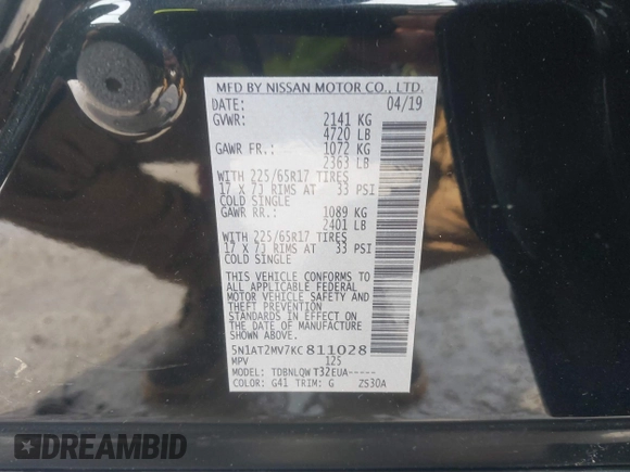 2019 Nissan Rogue SV with VIN 5N1AT2MV7KC811028, listed as a IAAI auction lot 41847182 with 48,745 mi miles. Bid and sale history available at carsss.com. Image 9.