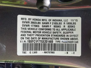 2016 Honda Civic EX-L with VIN 19XFC1F77GE201469, listed as a IAAI auction lot 42441617 with 67,803 mi miles and . Bid and sale history available at DreamBid. Image 9.
