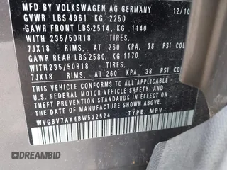 2011 Volkswagen Tiguan SE with VIN WVGBV7AX4BW532524, listed as a IAAI auction lot 41757552 with 141,115 mi miles and . Bid and sale history available at DreamBid. Image 9.