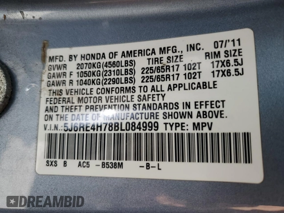 2011 Honda CR-V EX-L with VIN 5J6RE4H78BL084999, listed as a Copart auction lot 60310415 with 159,868 mi miles and Salvage title. Bid and sale history available at DreamBid. Image 14.