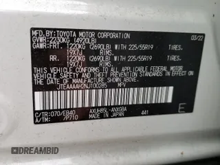 2022 Toyota Venza LE with VIN JTEAAAAH2NJ100285, listed as a Copart auction lot 49737363 with 10,139 mi miles. Bid and sale history available at carsss.com. Image 14.