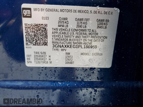 2023 Chevrolet Equinox LT с VIN 3GNAXKEG1PL186959, выставлен на аукционе Copart как лот 59273994 с пробегом 7 983 миль миль и Списание • Salvage title. История ставок и продаж доступна на DreamBid. Изображение 14.