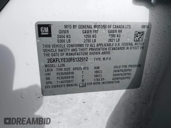 2015 GMC Terrain SLT with VIN 2GKFLYE30F6132912, listed as a IAAI auction lot 41740032 with 142,510 mi miles. Bid and sale history available at carsss.com. Image 9.