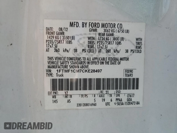 2012 Ford F-150 XL with VIN 1FTMF1CM7CKE28497, listed as a Copart auction lot 56470995 with 254,723 mi miles and Salvage title. Bid and sale history available at DreamBid. Image 12.
