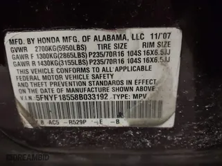 2008 Honda Pilot EX-L with VIN 5FNYF18558B033192, listed as a IAAI auction lot 41378869 with 186,709 mi miles. Bid and sale history available at carsss.com. Image 9.