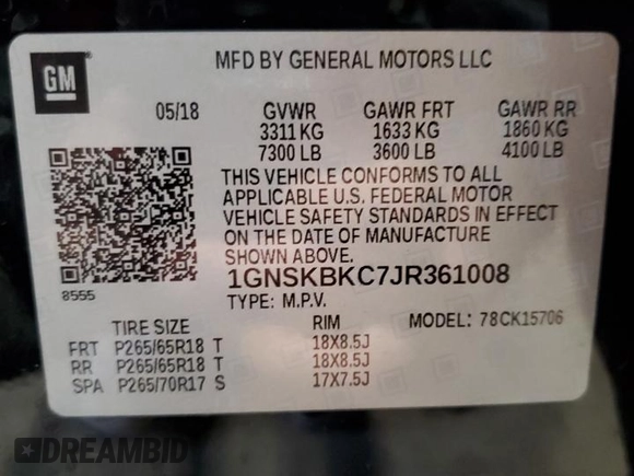 2018 Chevrolet Tahoe LT with VIN 1GNSKBKC7JR361008, listed as a Copart auction lot 55244355 with 76,850 mi miles and Salvage title. Bid and sale history available at DreamBid. Image 14.