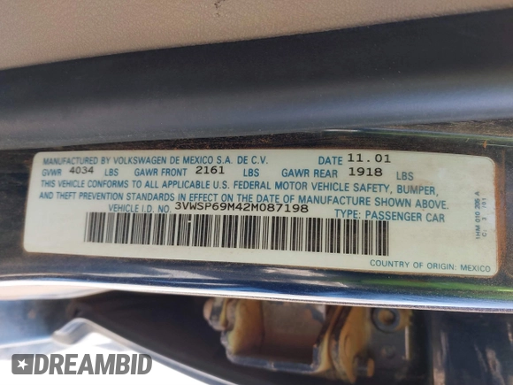 2002 Volkswagen Jetta GLS with VIN 3VWSP69M42M087198, listed as a IAAI auction lot 41858199 with 194,619 mi miles and . Bid and sale history available at DreamBid. Image 9.