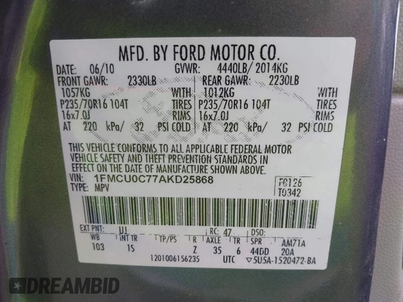 2010 Ford Escape XLS с VIN 1FMCU0C77AKD25868, выставлен на аукционе IAAI как лот 42219513 с пробегом 180 351 миль миль и . История ставок и продаж доступна на DreamBid. Изображение 9.