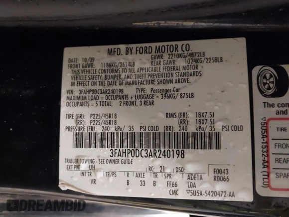 2010 Ford Fusion SPORT with VIN 3FAHP0DC3AR240198, listed as a IAAI auction lot 41562266 with 99,613 mi miles. Bid and sale history available at carsss.com. Image 9.