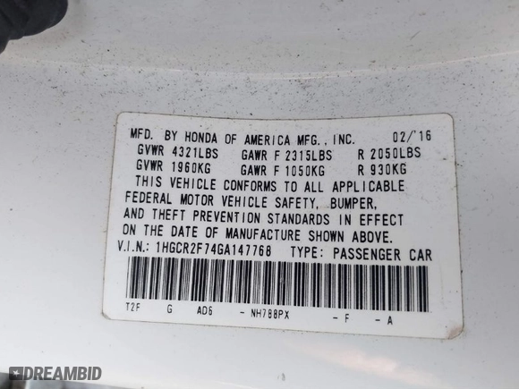 2016 Honda Accord Sedan EX with VIN 1HGCR2F74GA147768, listed as a IAAI auction lot 41907451 with 242,854 mi miles. Bid and sale history available at carsss.com. Image 9.