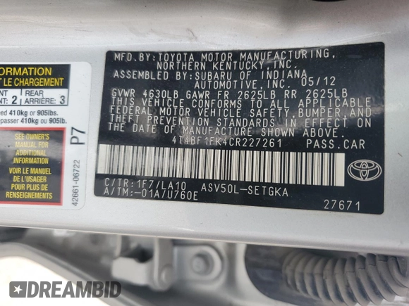 2012 Toyota Camry L with VIN 4T4BF1FK4CR227261, listed as a Copart auction lot 52895545 with 245,115 mi miles and Clean Title. Bid and sale history available at DreamBid. Image 12.