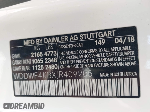 2018 Mercedes-Benz C 300 with VIN WDDWF4KBXJR409205, listed as a IAAI auction lot 42075251 with 67,579 mi miles and . Bid and sale history available at DreamBid. Image 9.