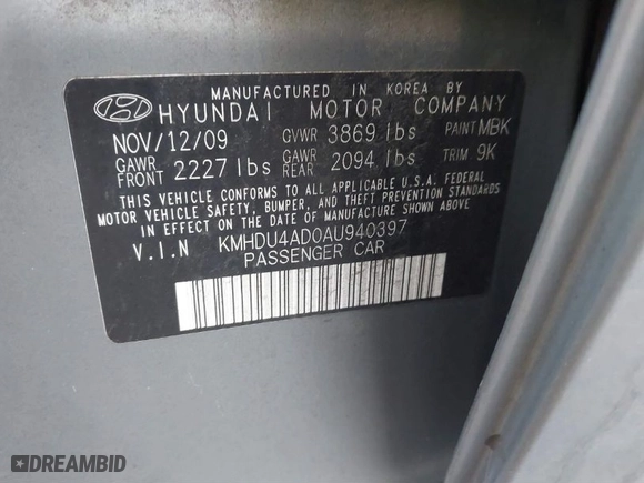 2010 Hyundai Elantra SE with VIN KMHDU4AD0AU940397, listed as a IAAI auction lot 41560650 with 152,732 mi miles. Bid and sale history available at carsss.com. Image 9.