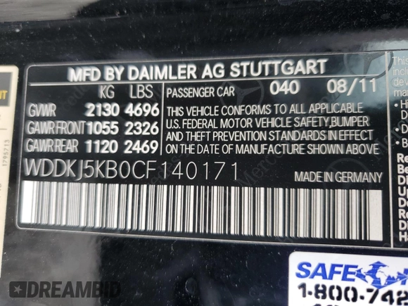 2012 Mercedes-Benz E 350 with VIN WDDKJ5KB0CF140171, listed as a Copart auction lot 55951915 with 171,708 mi miles and Salvage title. Bid and sale history available at DreamBid. Image 12.