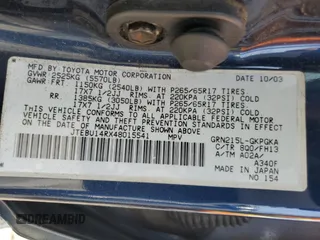2004 Toyota 4Runner SR5 with VIN JTEBU14RX48015541, listed as a Copart auction lot 54016355 with 229,951 mi miles and Salvage Title. Bid and sale history available at DreamBid. Image 13.