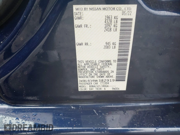 2022 Nissan Altima SR z VIN 1N4BL4CV4NN382919, wystawiony jako IAAI lot #42213411 z przebiegiem 57 390 mil mil oraz . Historia ofert i sprzedaży dostępna na DreamBid. Obrazek 9.
