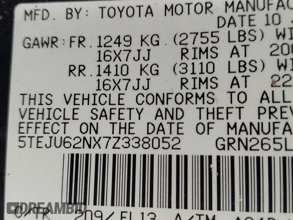 2007 Toyota Tacoma PreRunner z VIN 5TEJU62NX7Z338052, wystawiony jako IAAI lot #42204246 z przebiegiem 202 296 mil mil oraz . Historia ofert i sprzedaży dostępna na DreamBid. Obrazek 9.