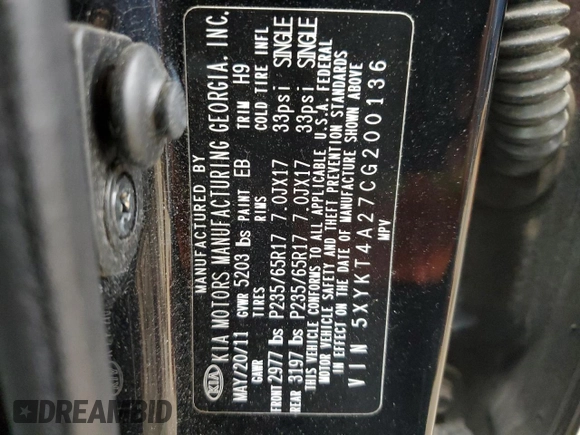 2012 Kia Sorento LX with VIN 5XYKT4A27CG200136, listed as a Copart auction lot 48367015 with 127,974 mi miles and Salvage Title. Bid and sale history available at carsss.com. Image 13.