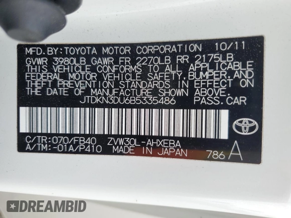 2011 Toyota Prius I with VIN JTDKN3DU6B5335486, listed as a Copart auction lot 54120745 with 208,650 mi miles and Salvage Title. Bid and sale history available at carsss.com. Image 12.