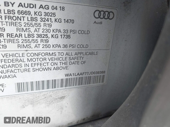 2018 Audi Q7 Premium Plus с VIN WA1LAAF77JD039368, выставлен на аукционе IAAI как лот 42820703 с пробегом 265 629 миль миль и . История ставок и продаж доступна на DreamBid. Изображение 9.
