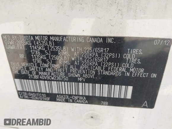 2012 Toyota RAV4 with VIN 2T3BF4DV9CW236750, listed as a IAAI auction lot 42593212 with 124,094 mi miles and . Bid and sale history available at DreamBid. Image 9.