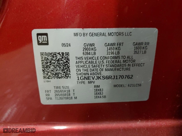 2024 Chevrolet Traverse AWD Z71 with VIN 1GNEVJKS6RJ170762, listed as a Copart auction lot 41400015 with 7,746 mi miles and Salvage Title. Bid and sale history available at carsss.com. Image 13.