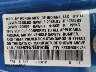 2014 Honda Civic Sedan LX with VIN 19XFB2F57EE014186, listed as a Copart auction lot 52188865 with 190,141 mi miles and Salvage Title. Bid and sale history available at carsss.com. Image 13.