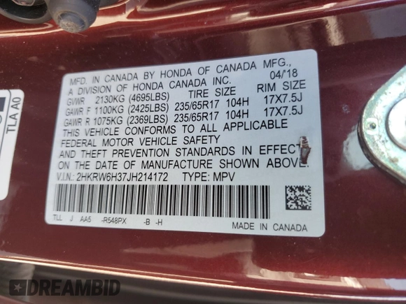 2018 Honda CR-V LX with VIN 2HKRW6H37JH214172, listed as a Copart auction lot 52156335 with 64,952 mi miles and Salvage Title. Bid and sale history available at DreamBid. Image 12.