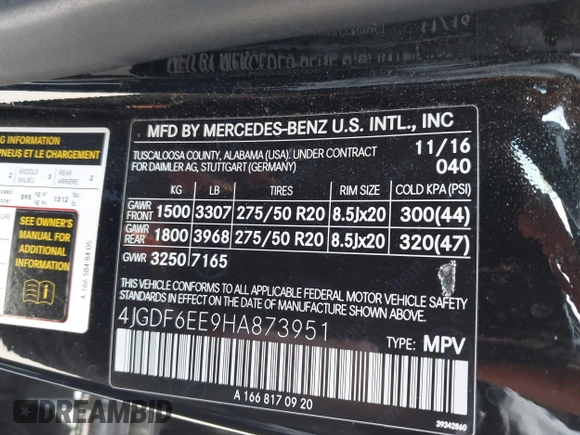 2017 Mercedes-Benz GLS 450 with VIN 4JGDF6EE9HA873951, listed as a IAAI auction lot 42053519 with 96,840 mi miles and . Bid and sale history available at DreamBid. Image 9.