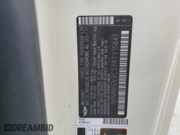 2011 MINI Hardtop S z VIN WMWSV3C59BTY15847, wystawiony jako Copart lot #55904795 z przebiegiem 114 146 mil mil oraz Szkoda całkowita • Salvage title. Historia ofert i sprzedaży dostępna na DreamBid. Obrazek 12.