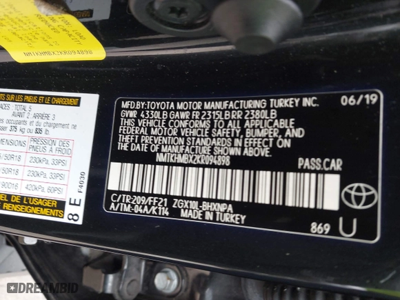 2019 Toyota C-HR XLE with VIN NMTKHMBX2KR094898, listed as a IAAI auction lot 41940883 with 94,351 mi miles. Bid and sale history available at carsss.com. Image 9.