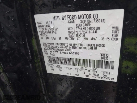 2014 Ford F-150 XL with VIN 1FTFX1EF9EFA08353, listed as a IAAI auction lot 41064612 with 140,025 mi miles. Bid and sale history available at carsss.com. Image 9.