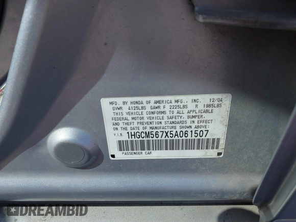 2005 Honda Accord EX with VIN 1HGCM567X5A061507, listed as a IAAI auction lot 41800795 with 207,251 mi miles and . Bid and sale history available at DreamBid. Image 9.